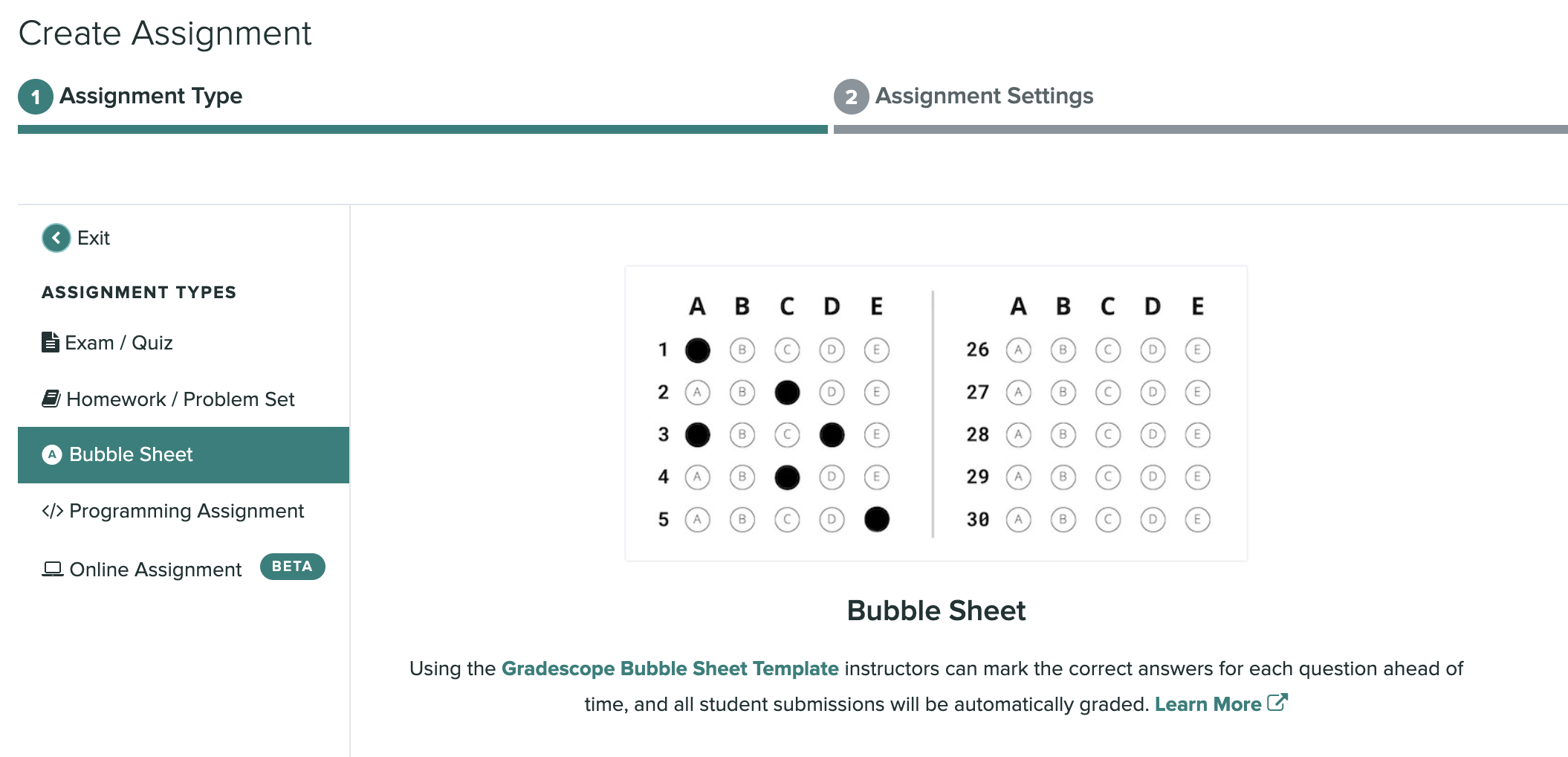 A screen capture of the create assignment page with the bubble sheet option selected.