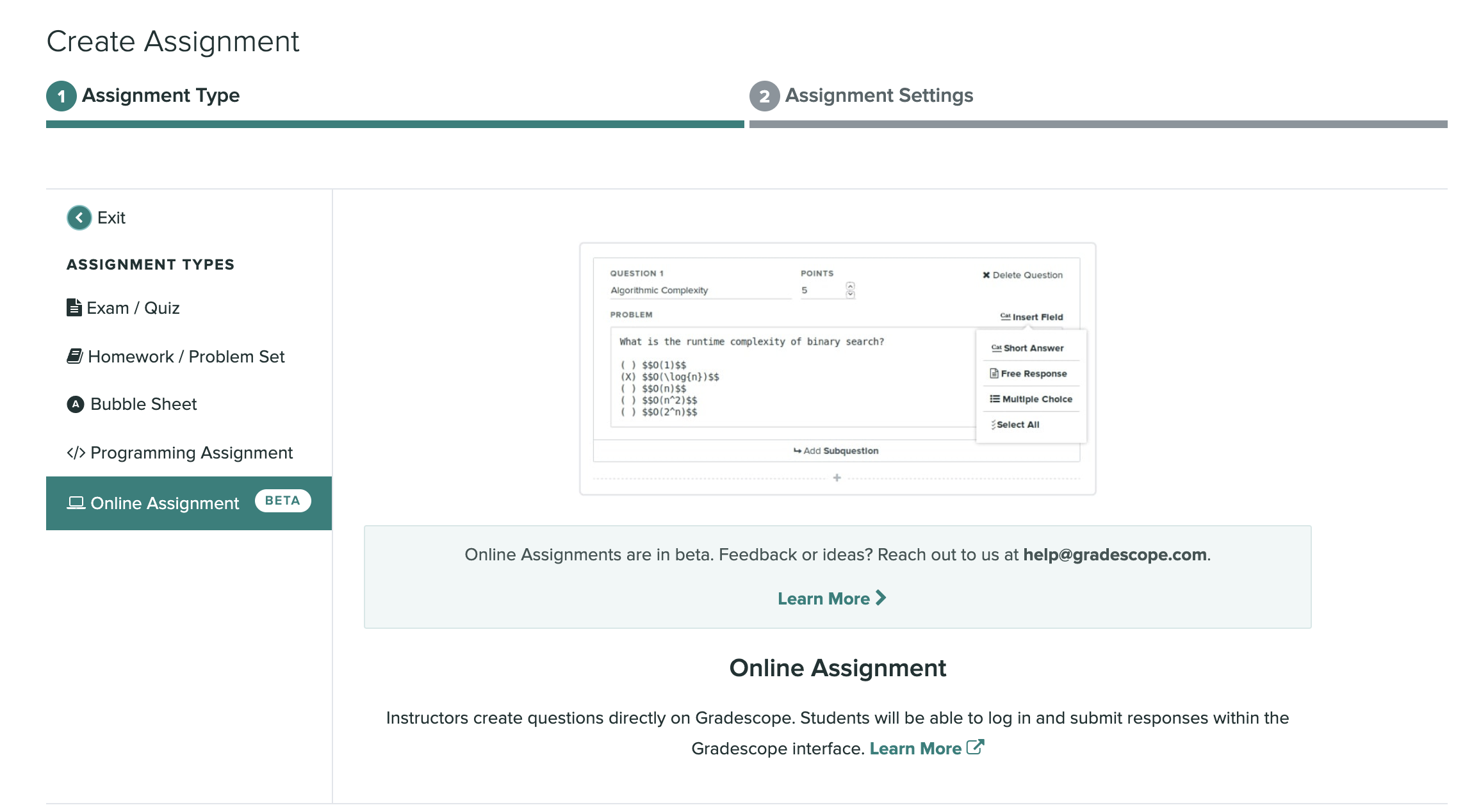 A screen capture of the create assignment page with the online assignment type selected.