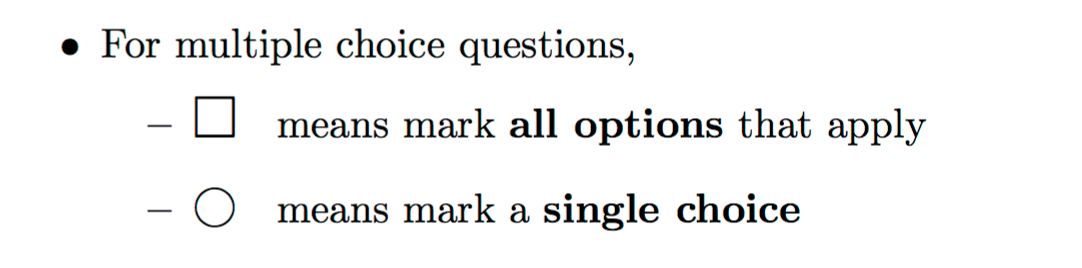 Circular marks for single-select, and square marks for multi-select multiple choice questions