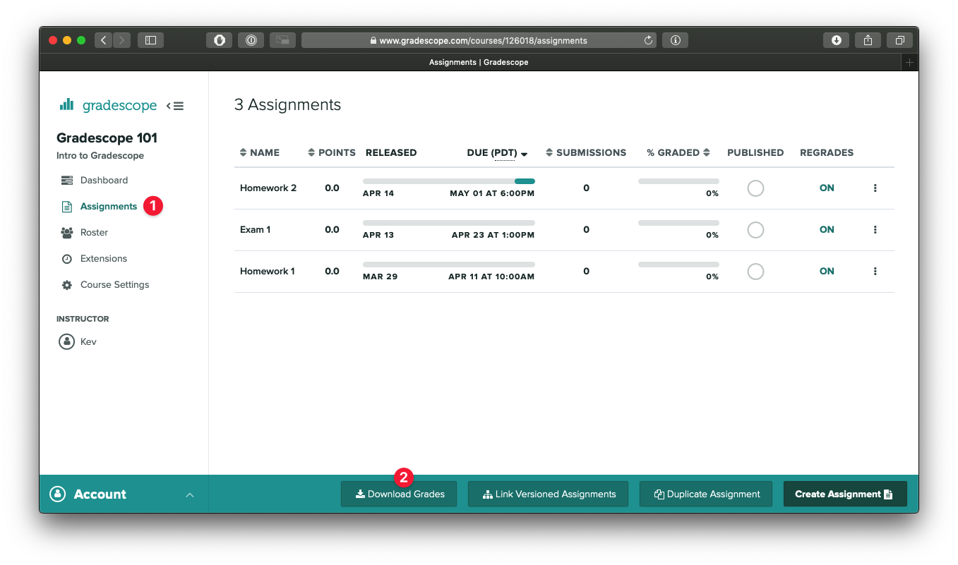 The Download Grades button can be found on the Assignments page in the bottom action bar.