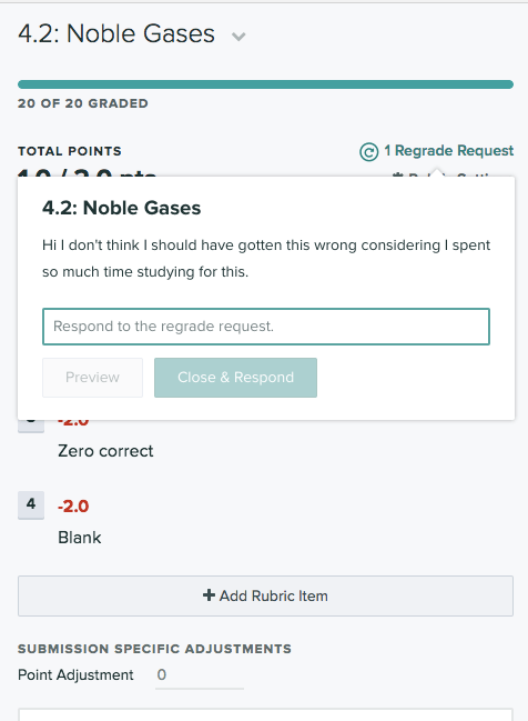 Sample regrade request shown in the context of the submission and its grading