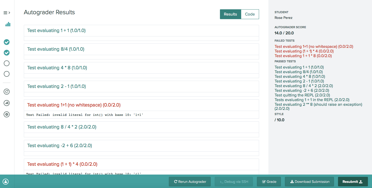 Submission interface showing autograder test results and submitted code