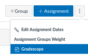 A screen capture of the dotted menu with the course assignments placement of Gradescope.