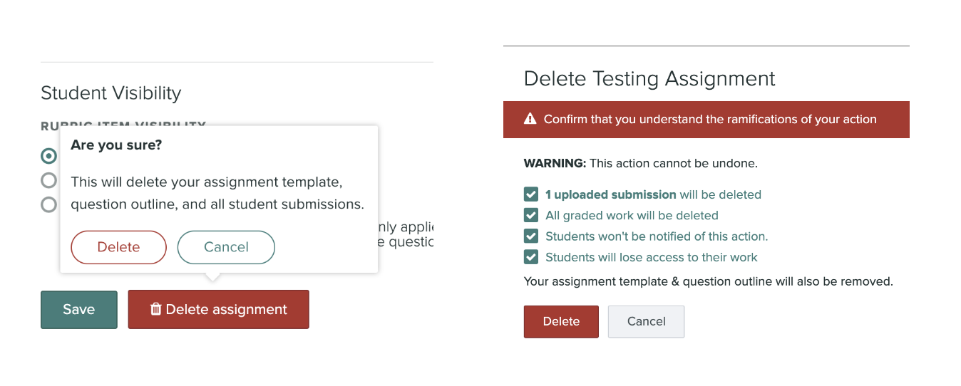 A screen capture of two different delete assignment confirmation modals. The "Are you sure?" on the left has Delete and Cancel buttons. The Delete Assignment modal on the right contains required checkboxes with Delete and Cancel buttons.