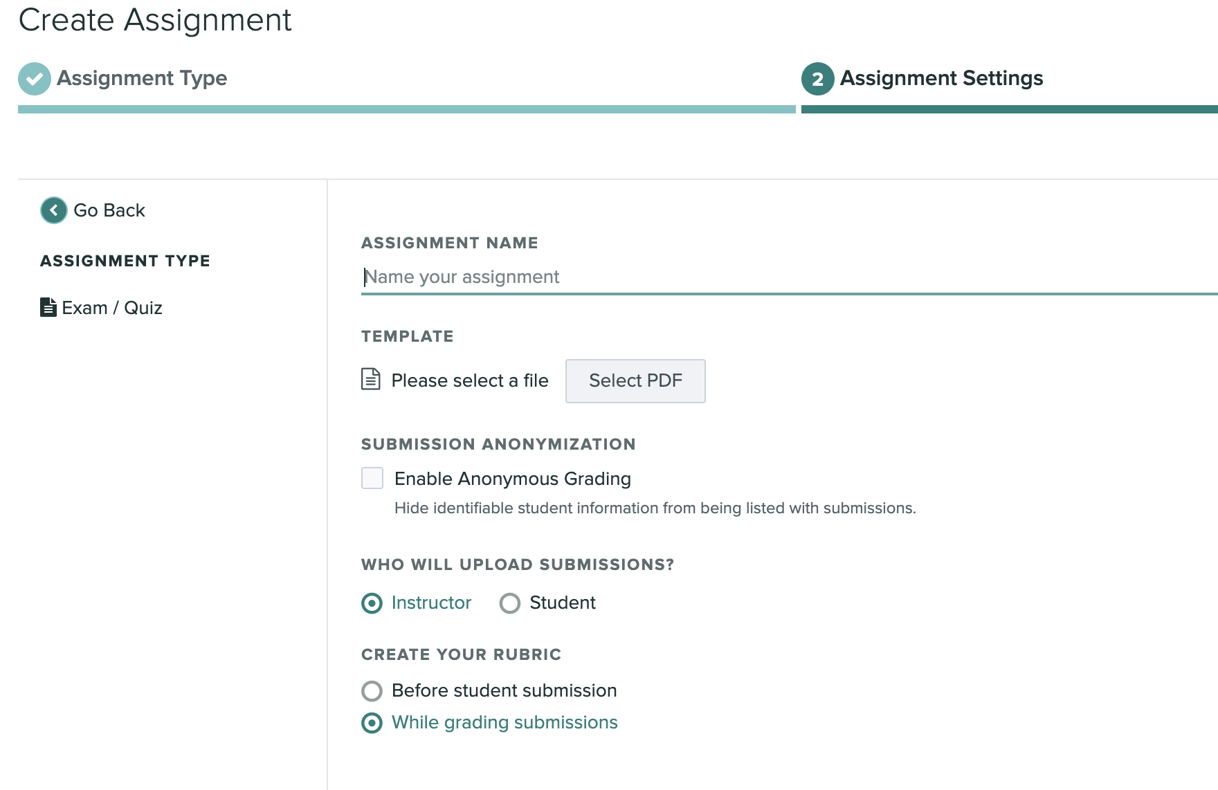 A screen capture of the Exam/Quiz assignment type settings page in the Create Assignment workflow.