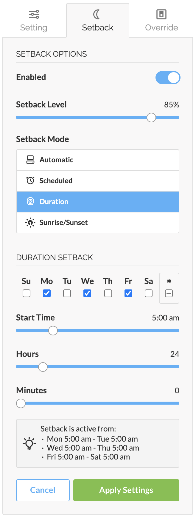 Setback Duration Example 2