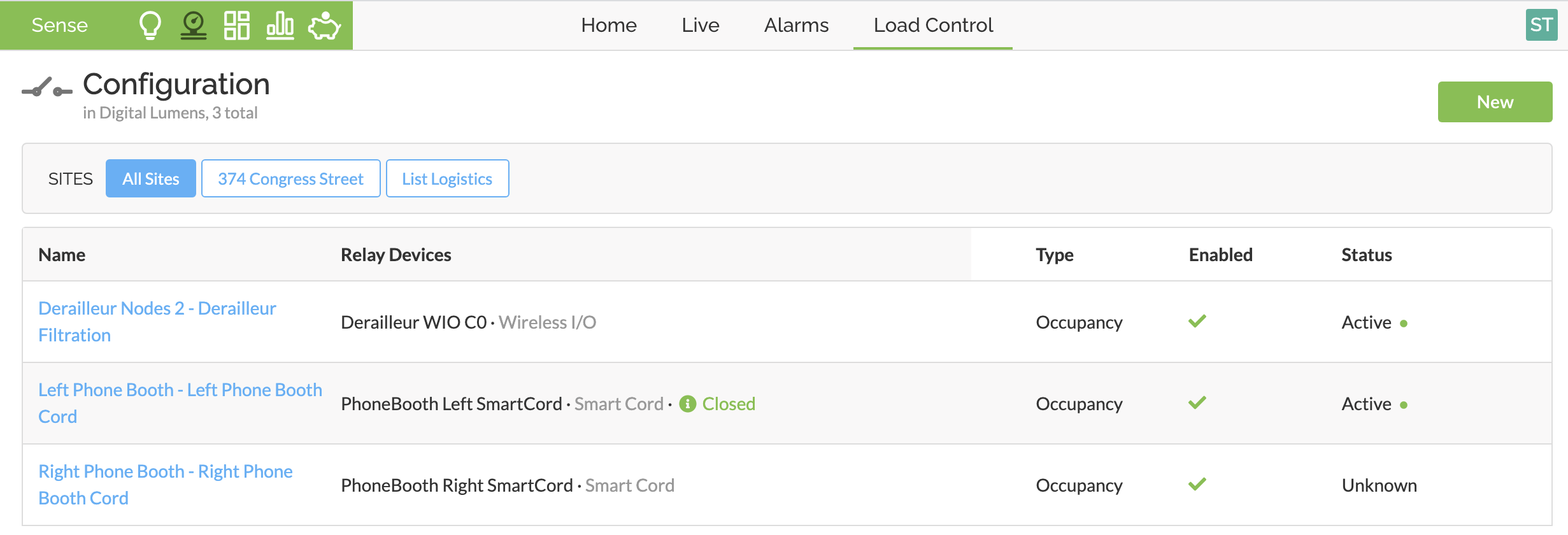 Load control configuration page with active manual load control