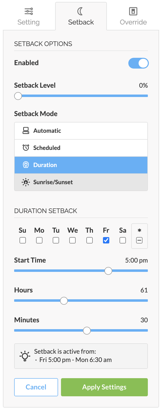 Setback Duration Configuration Example