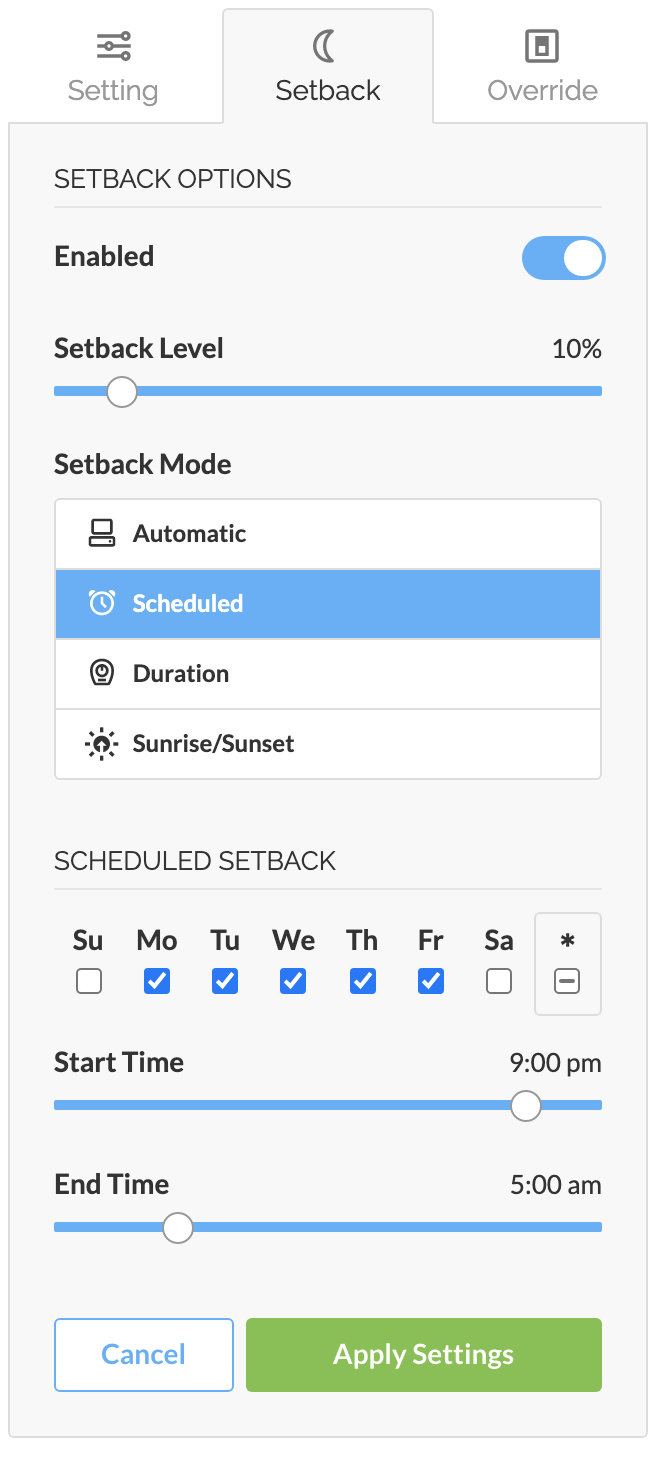 Scheduled Setback Configuration Example