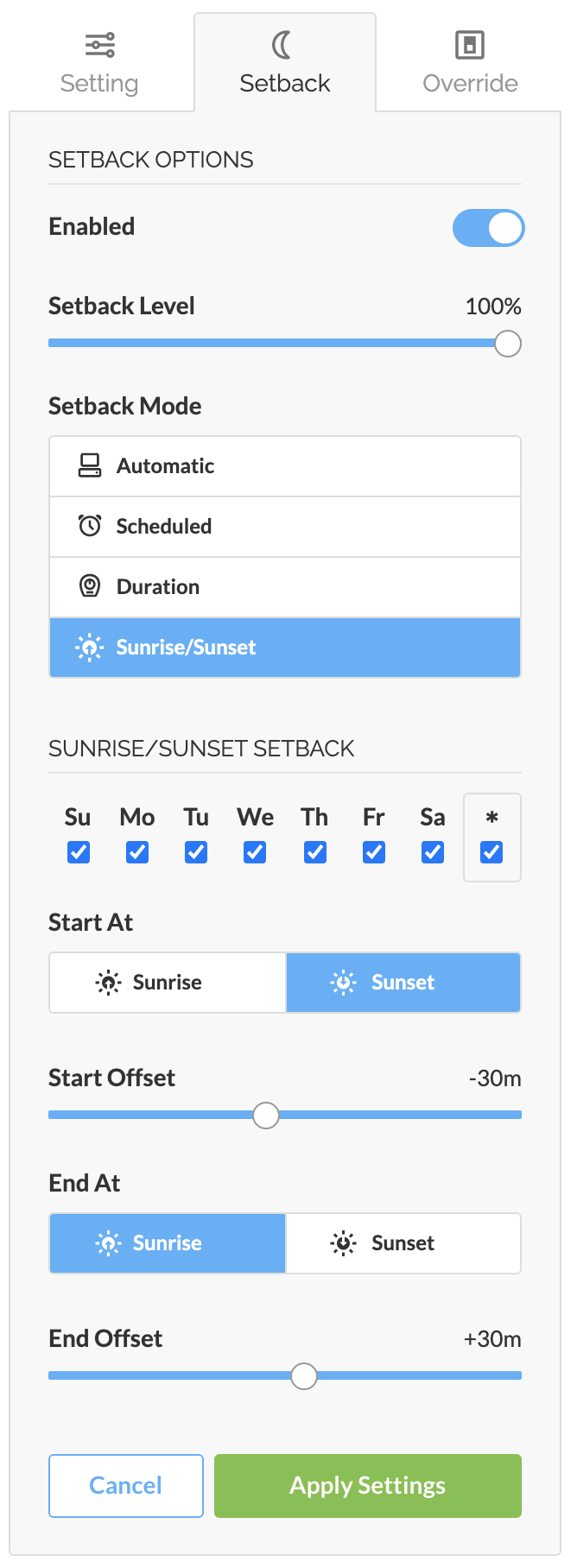 Astronomical Setback Configuration Example