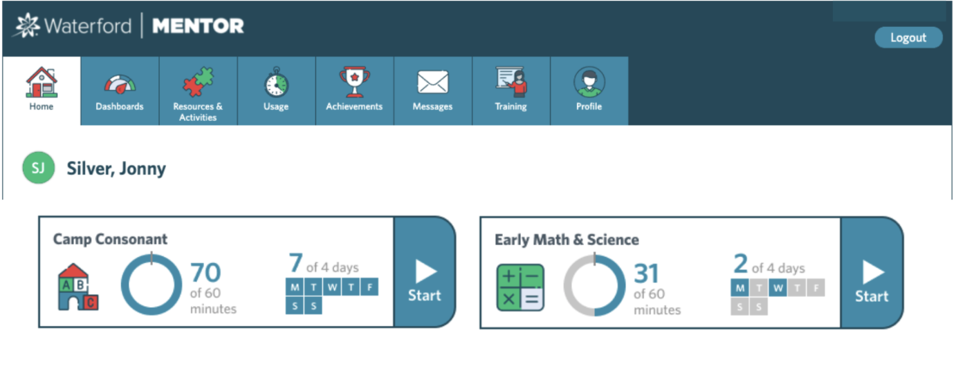 Waterford Mentor homepage with Camp Consonant button screenshot 