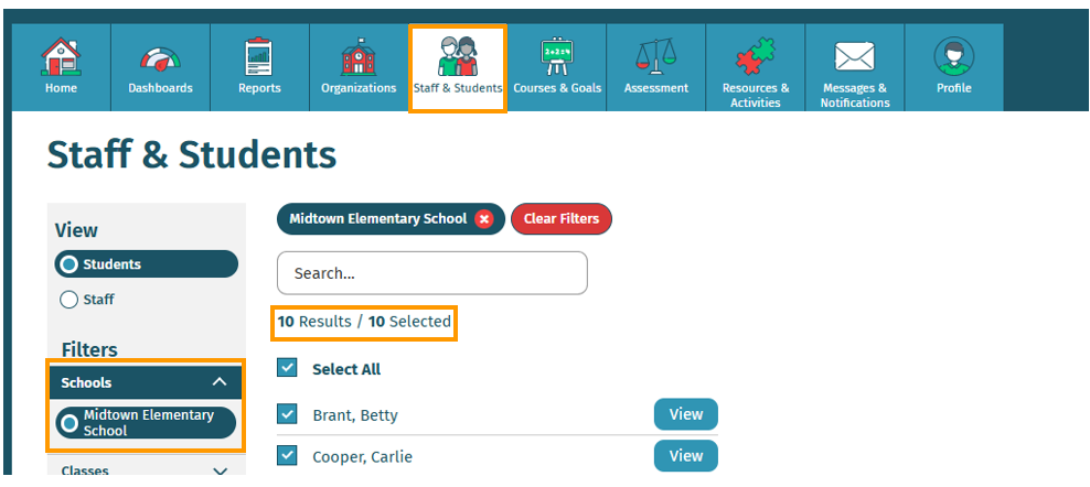 screenshot of the Staff and Students tab