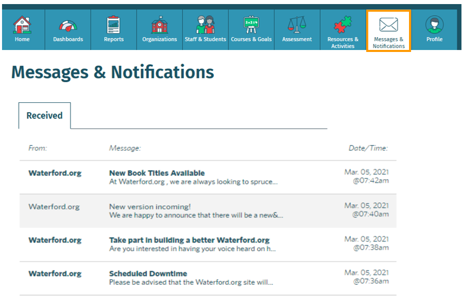 screenshot of the Messages & Notifications tab