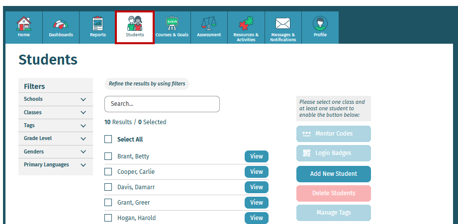 Students tab screenshot