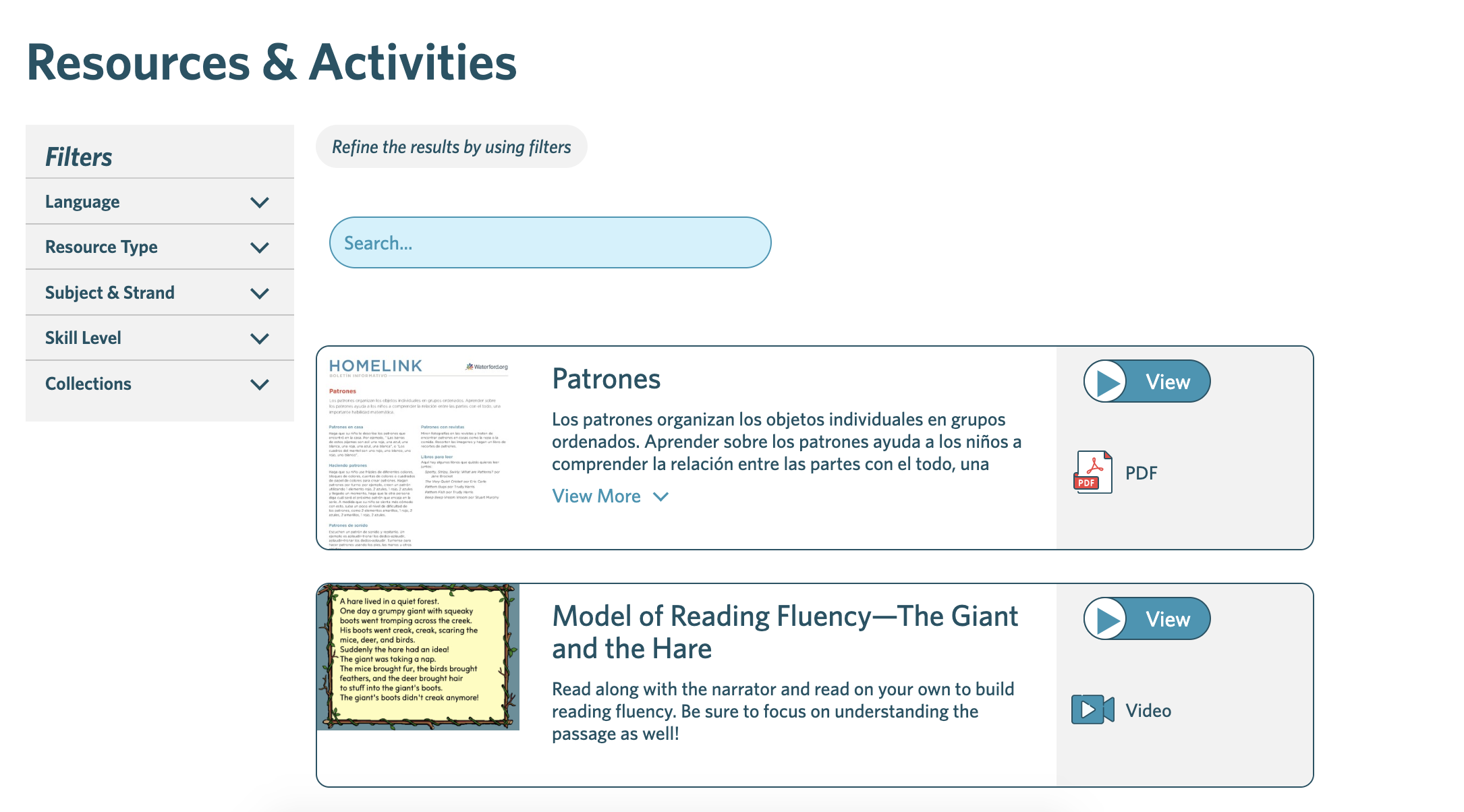 screenshot of the Resources and Activities tab