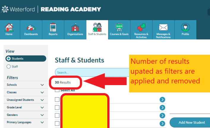 screenshot of the Staff and Students tab