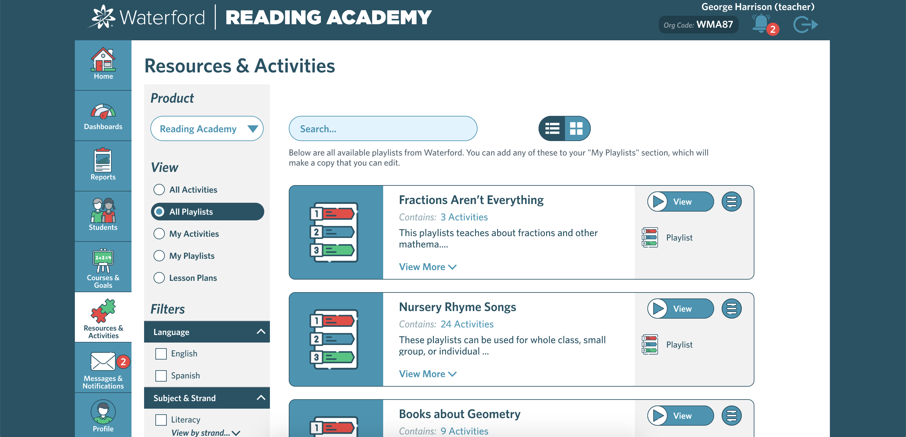 screenshot of the Playlists section of the Resources & Activities page
