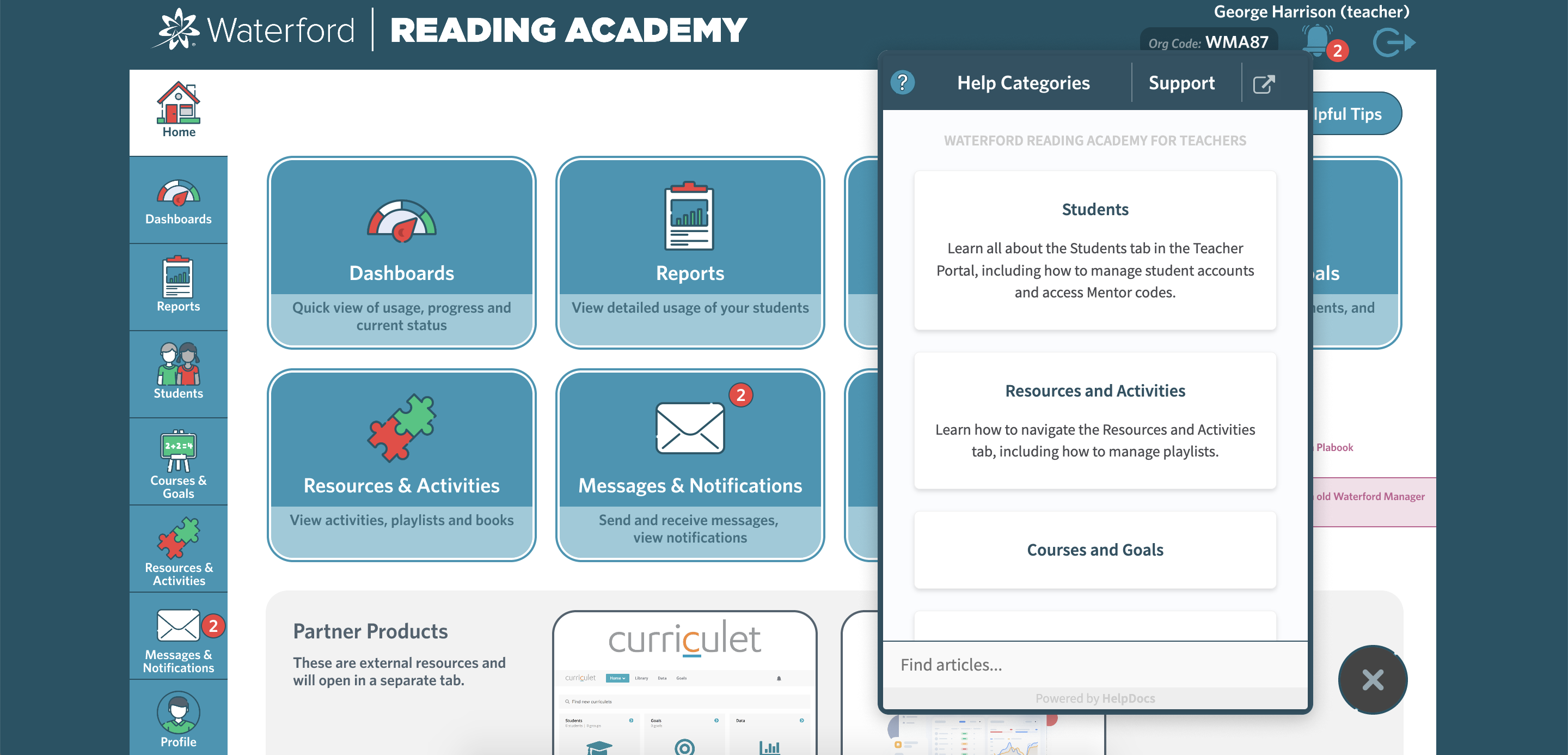 screenshot of the Waterford Reading Academy teacher homepage with the online help window open 