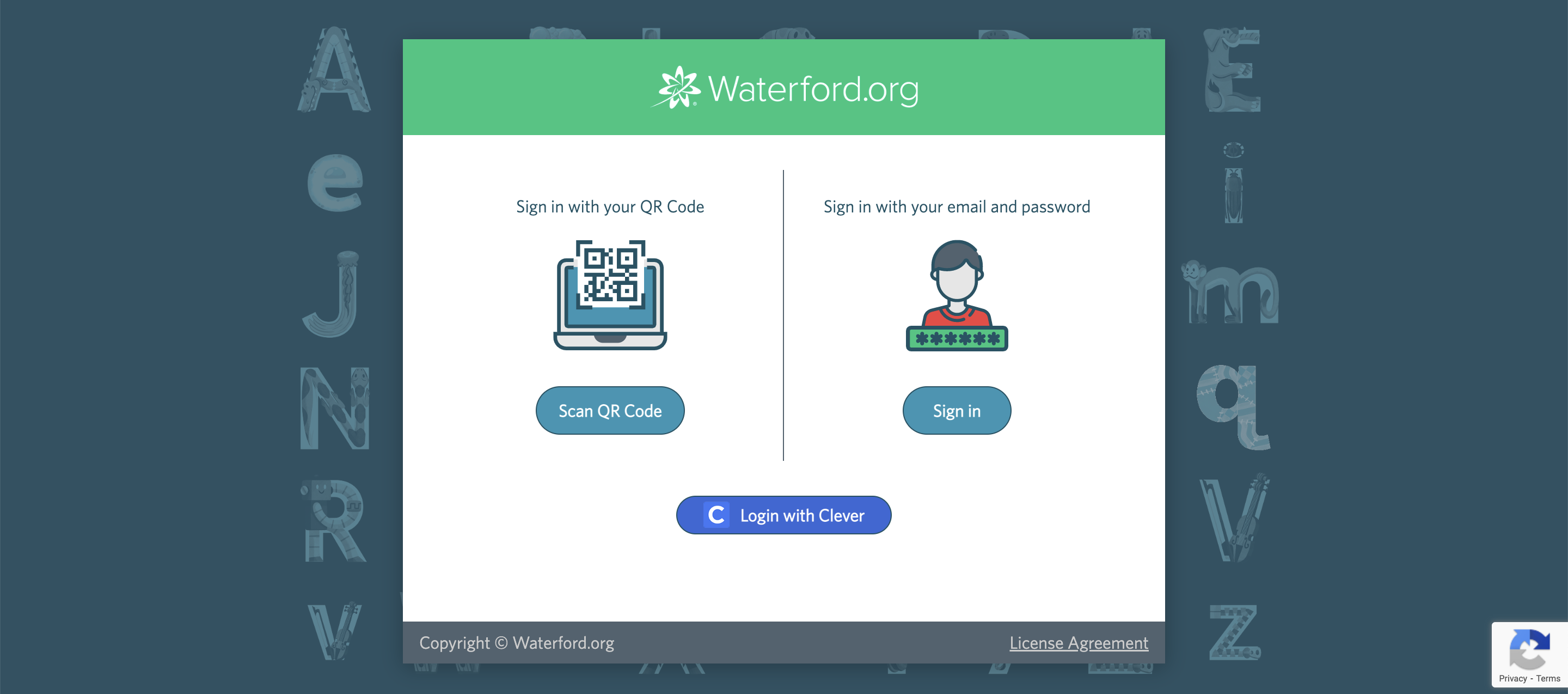 screenshot of Waterford Reading Academy login page, including the Login with Clever button