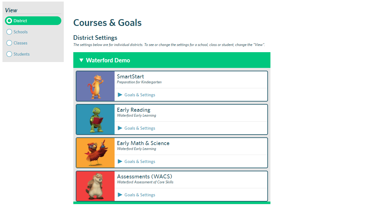 screenshot of the district-level courses & goals