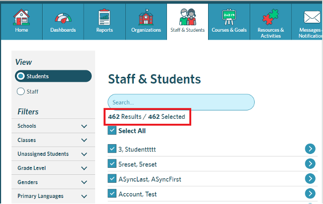 screenshot of the Staff and Students tab