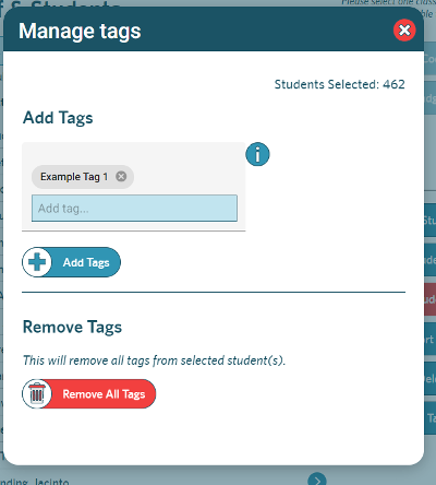 screenshot of the Manage Tags pop-up window