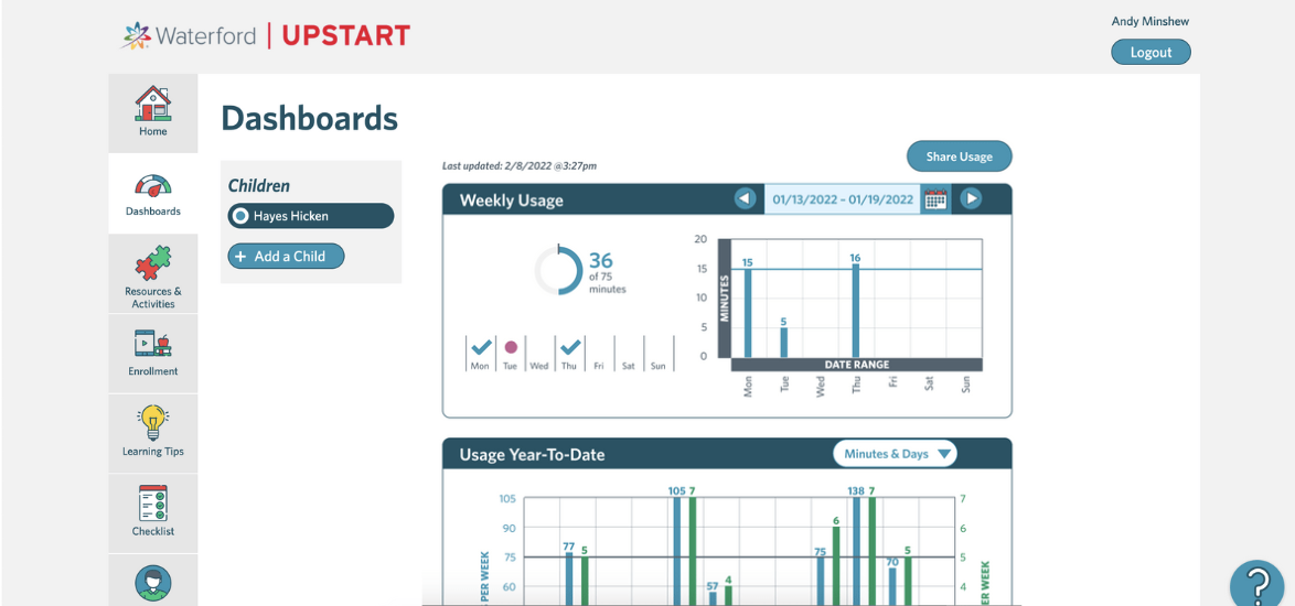 screenshot of a Waterford Upstart dashboard