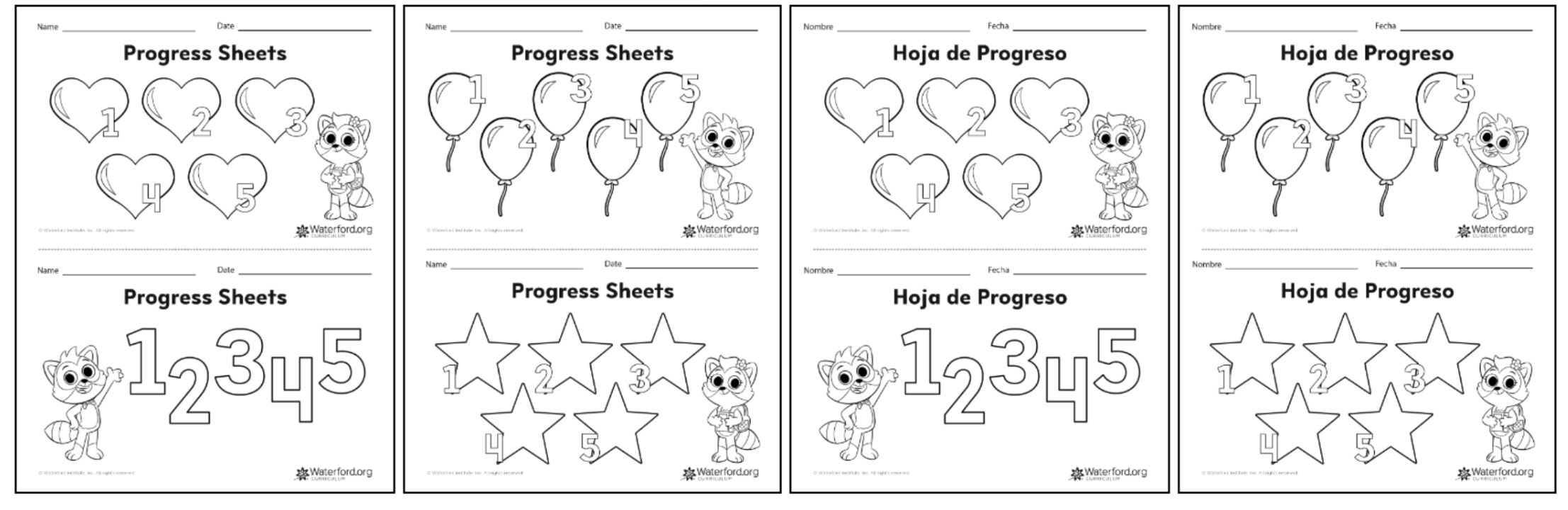 5 Days progress sheets in English and Spanish