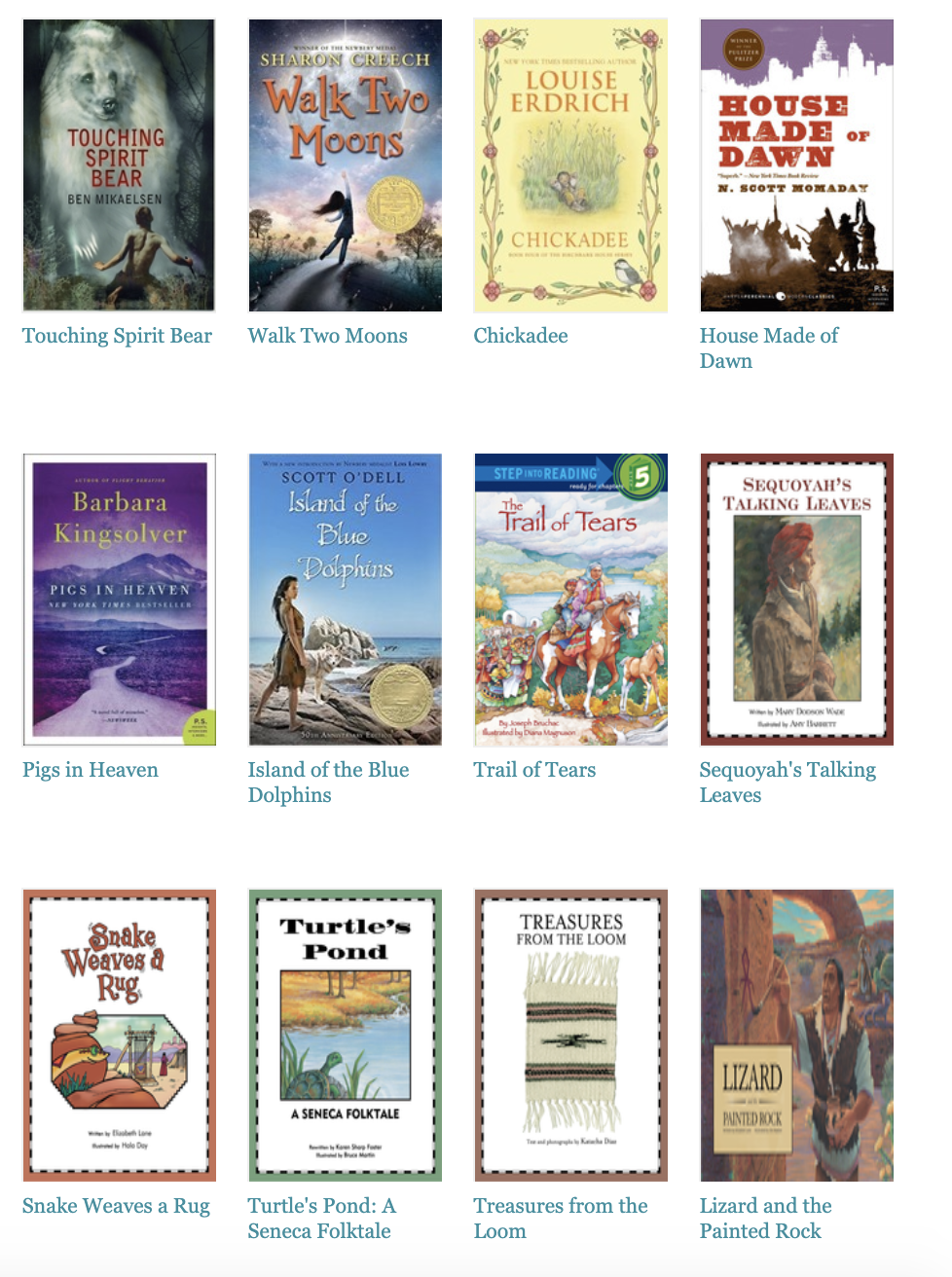 screenshot of curriculets available in the Native American Literature category