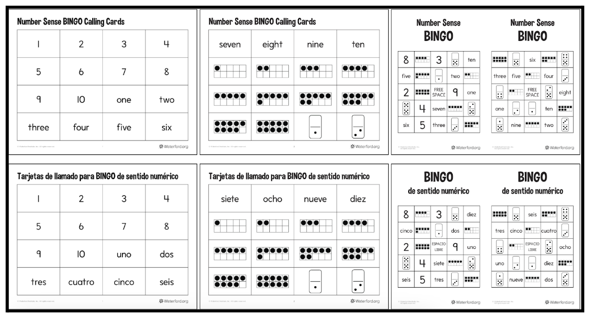 Number Sense Bingo screenshots in English and Spanish