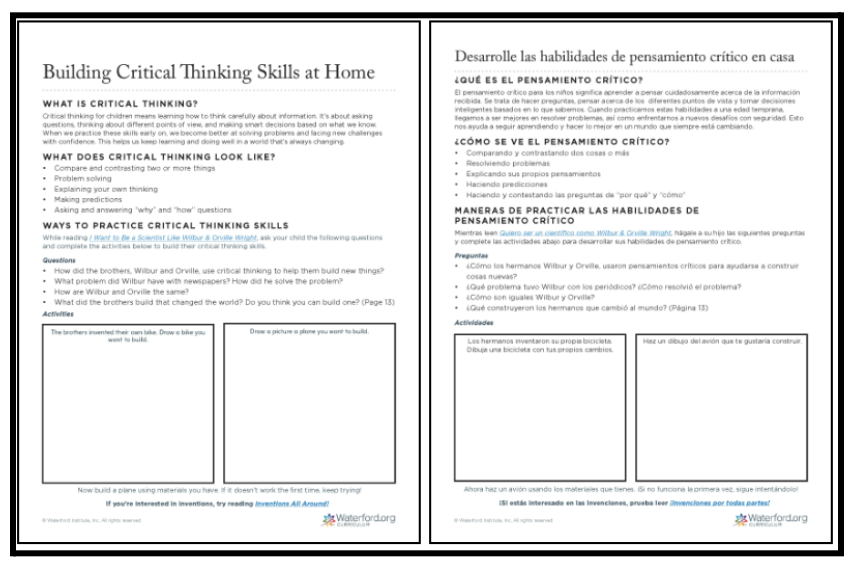 Build Critical Thinking Skills at Home screenshot in English and Spanish