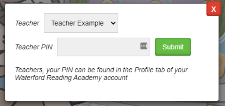 teacher PIN pop-up screenshot