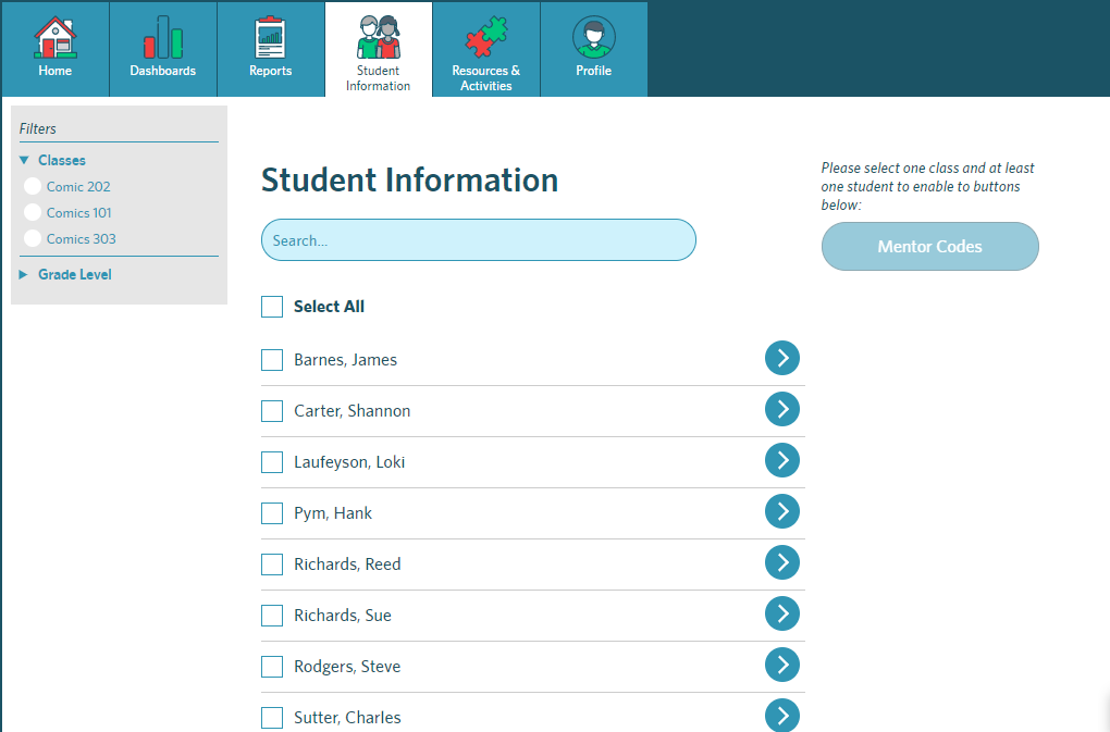 screenshot of the Student Information tab