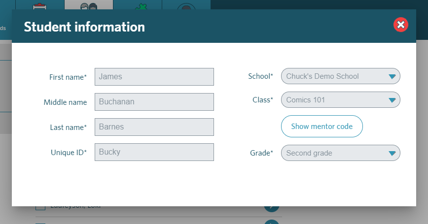 screenshot of individual student information in the Student Information tab
