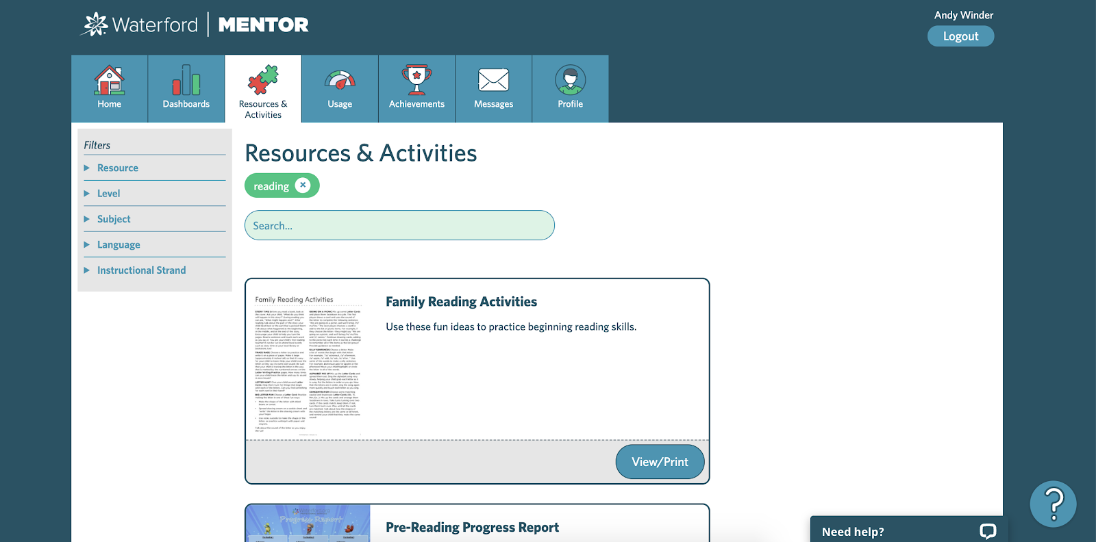 screenshot of the Resources & Activities tab