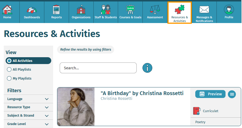 screenshot of the Resources & Activities tab