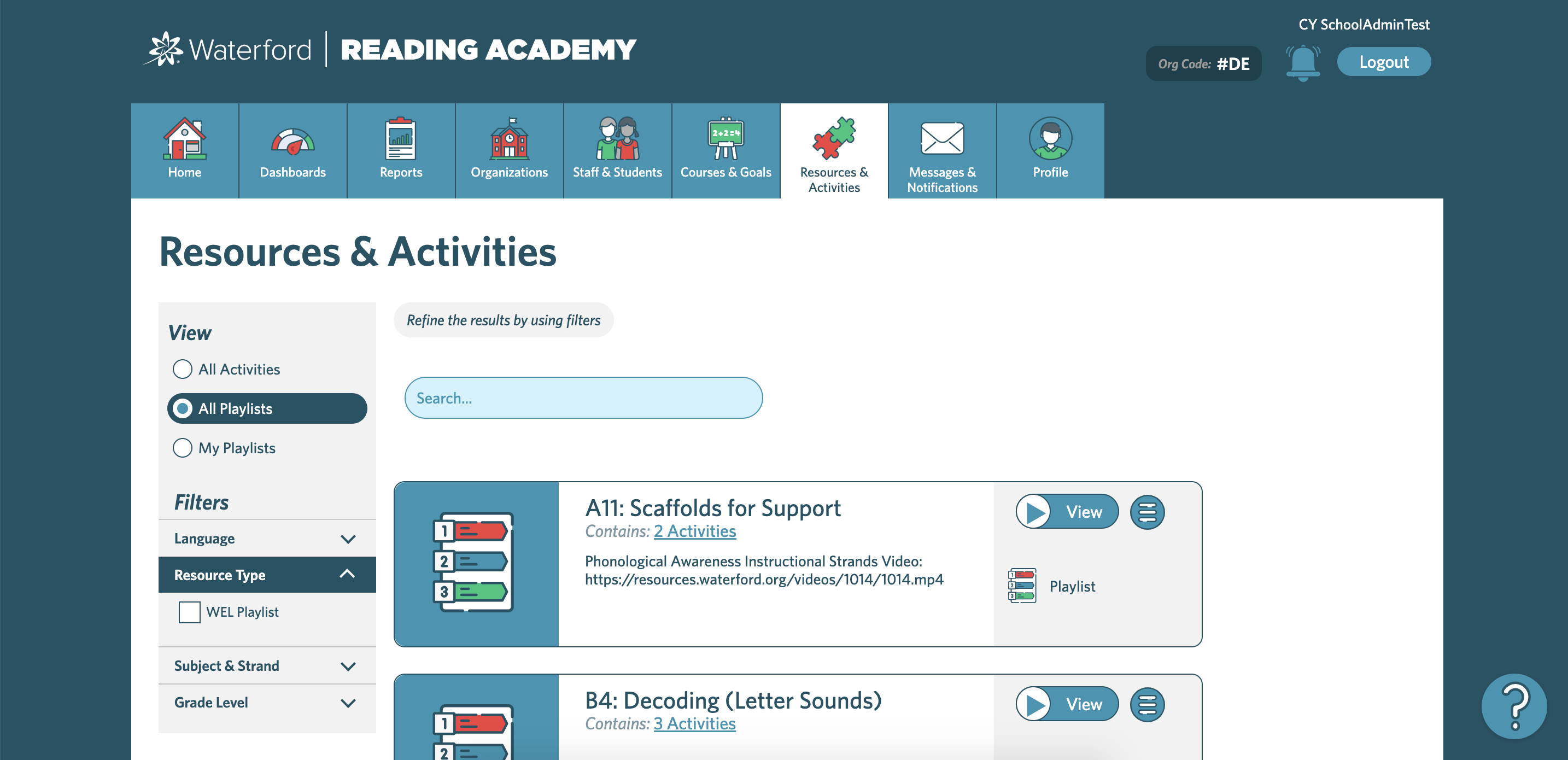 screenshot of the Resources & Activities tab