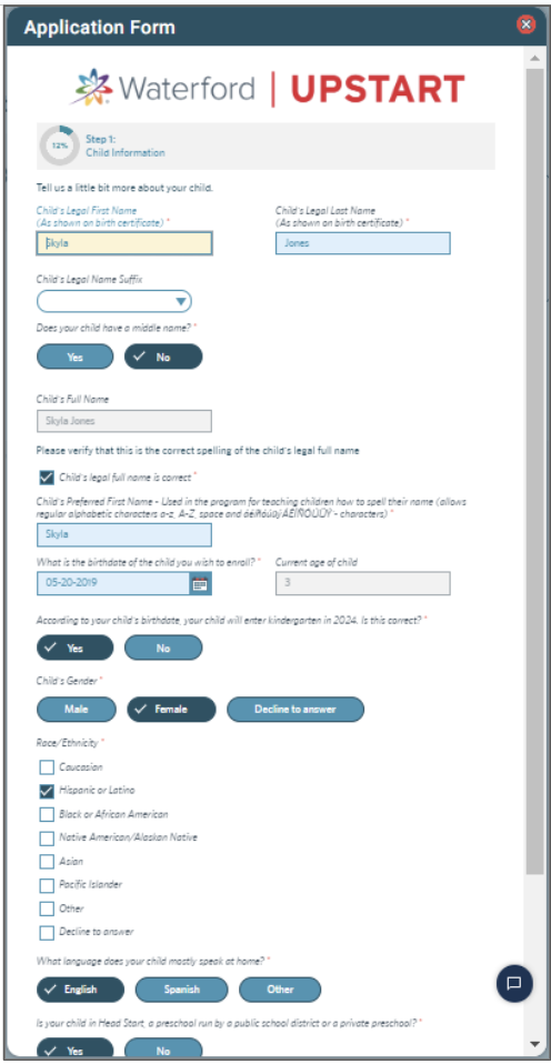 Application form screenshot