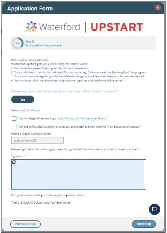 Participation commitments screenshot