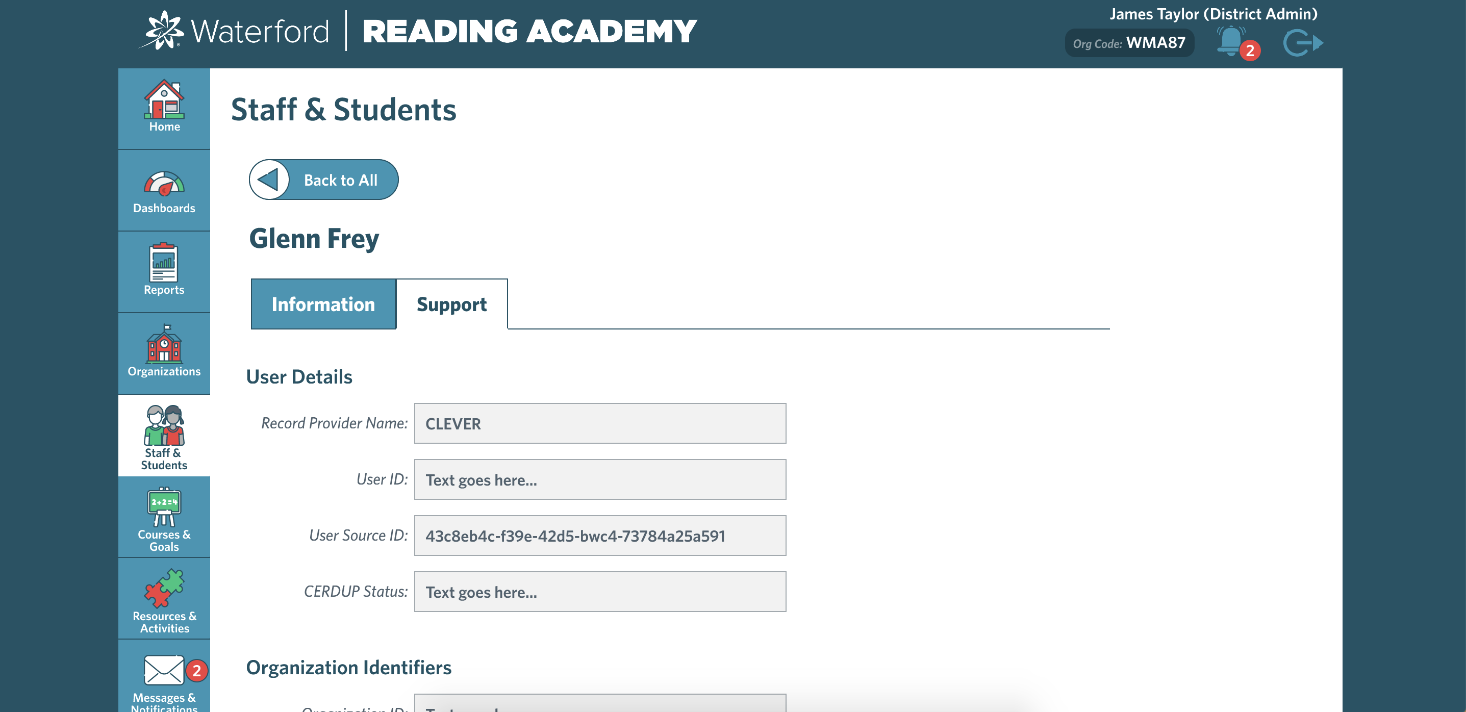 screenshot of a Staff & Students support section