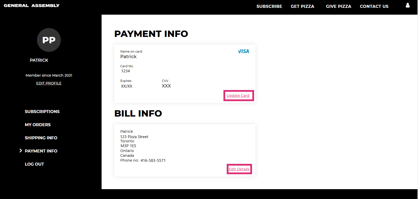 Billing page