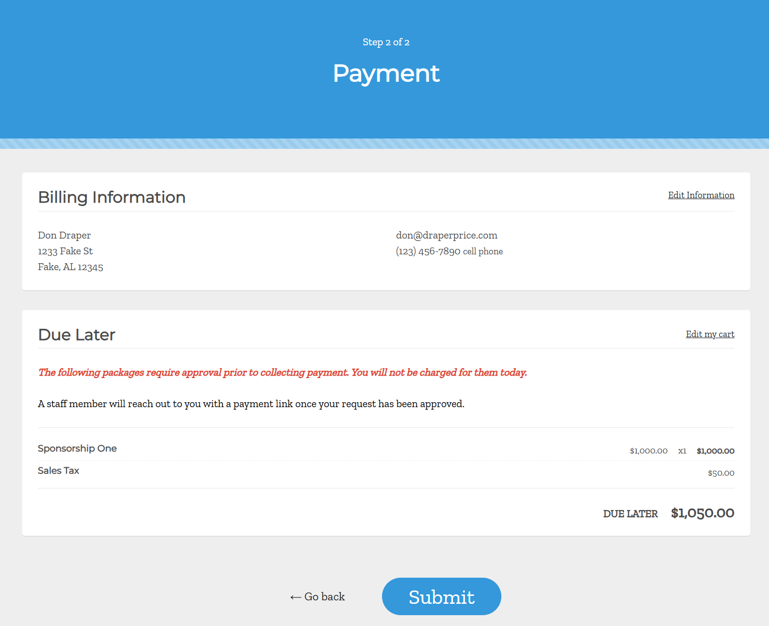 Due Later panel at checkout