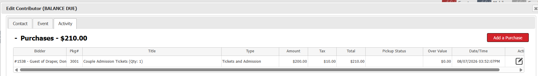Manually added purchase showing balance due