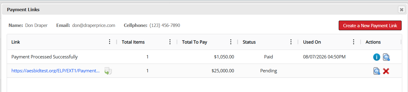Payment links list