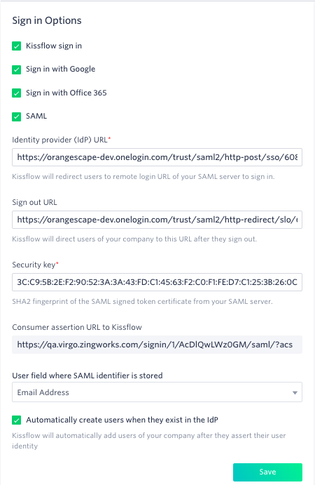 SAML configuration