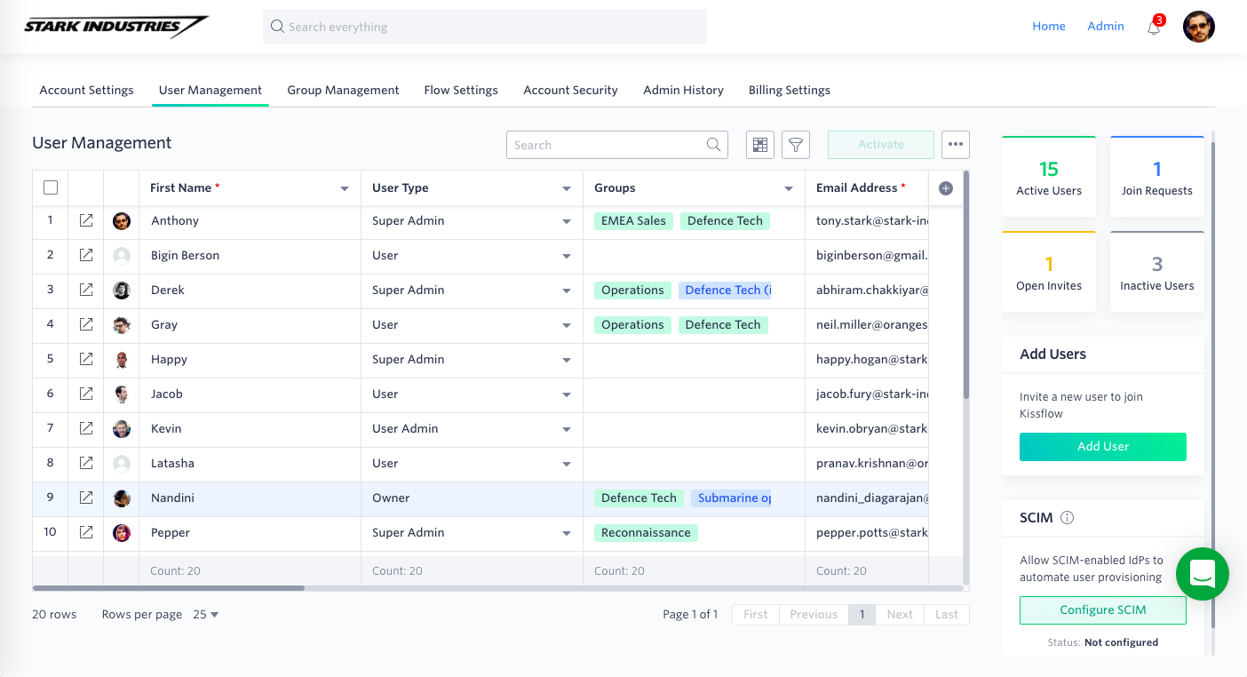 User management screen