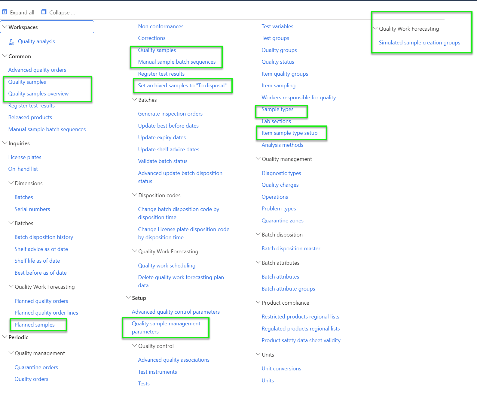 Figure 43: Samples functionality within the Quality menu