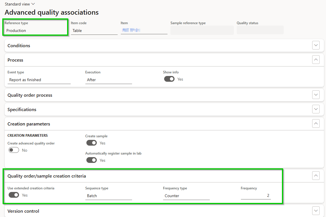 On Advanced Quality Associations with reference types different from Quality Sample, it is possible to set up a frequency of how often an Advance Quality Order and/or a sample should be created. In the group ‘Quality order/Sample creation criteria’, it is possible to trigger the creation according to a frequency instead of every time the association is fulfilled. This is enabled by selecting ‘Use extended creation criteria’. The field ‘Sequence type’ decides what we count: