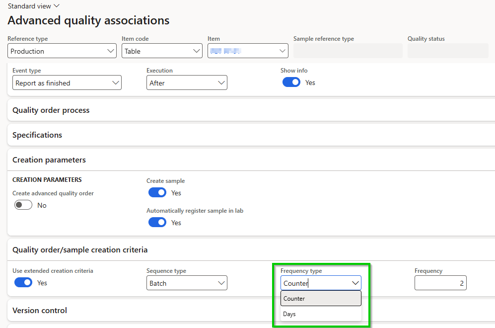 The field Frequency type found on both Advanced quality association and test group lines can be set to counter and days. Default is counter, which counts registrations/Advanced quality order creations.