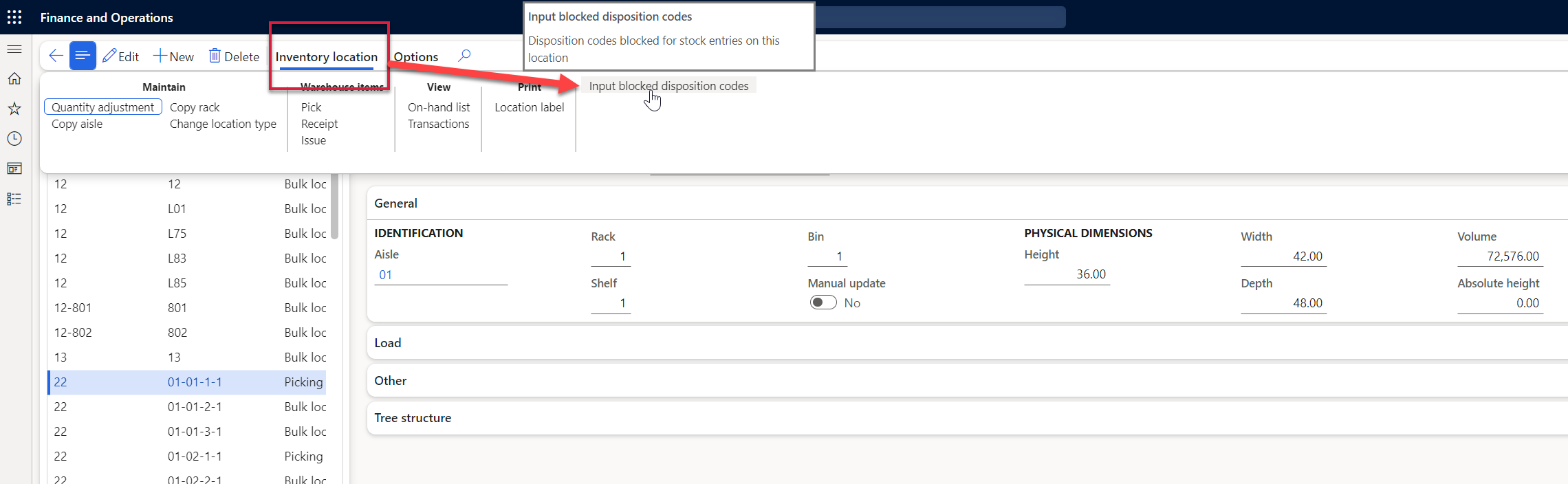 Figure 65: Setting up input blocked disposition codes for a WMS item